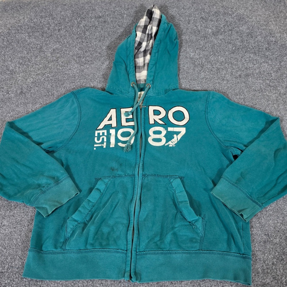 Y2K Aeropostale Mens XXL Teal Green Full Zip Graphic Hoodie Y2K 1987 Plaid Hood
